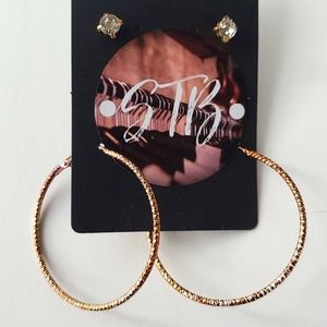 Boutique Two Pair Faux Diamond Stone Studs and Large Gold Tone Hoops